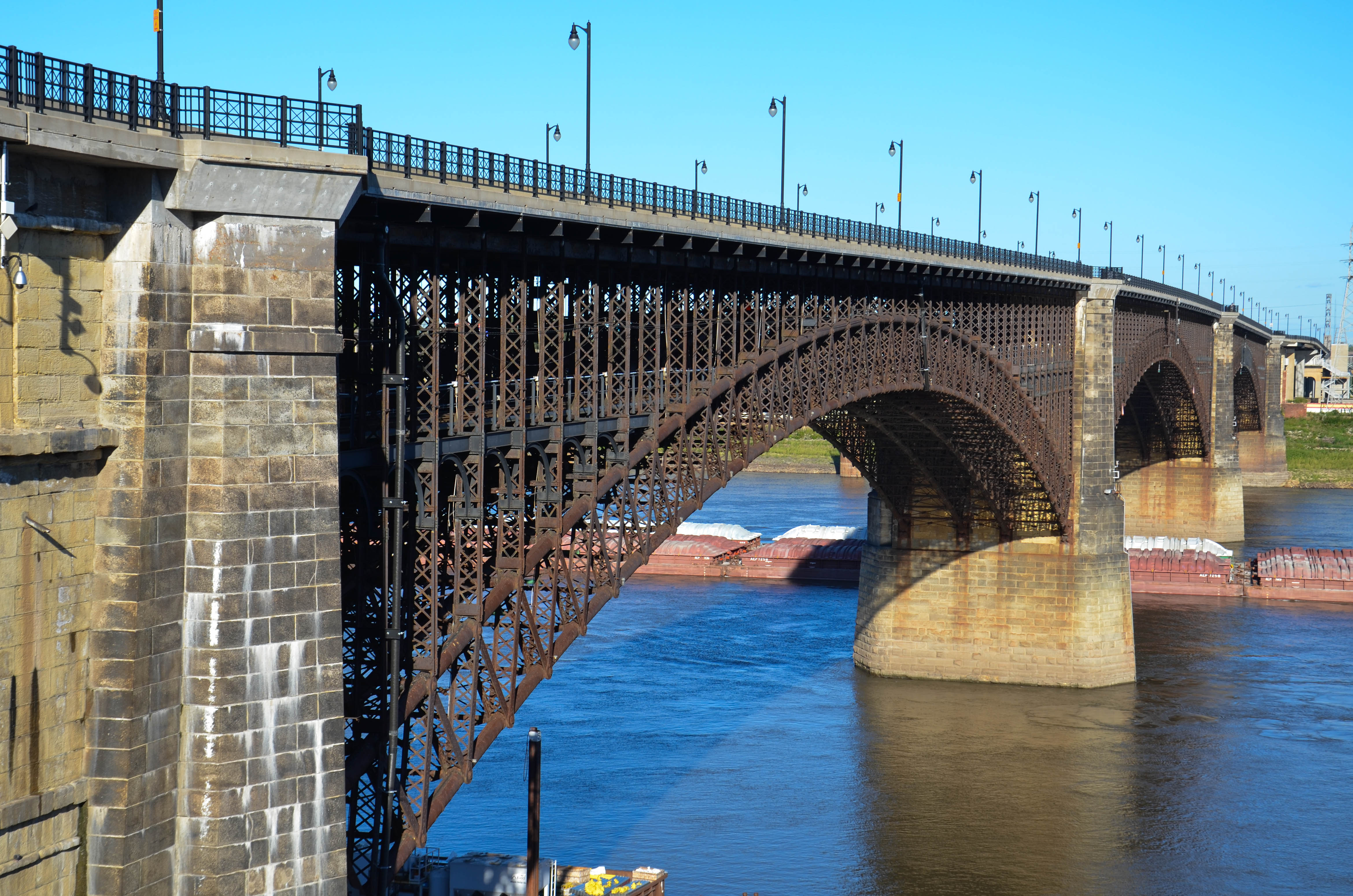 The Eads Bridge from St. Louis, stretching over the Mississippi River toward Illinois, was completed in 1871 and helped St. Louis continue as a primary gateway to the West.